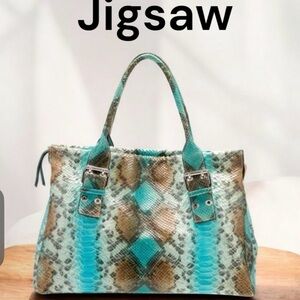 Jigsaw Turquoise and Brown Snake Print Tote